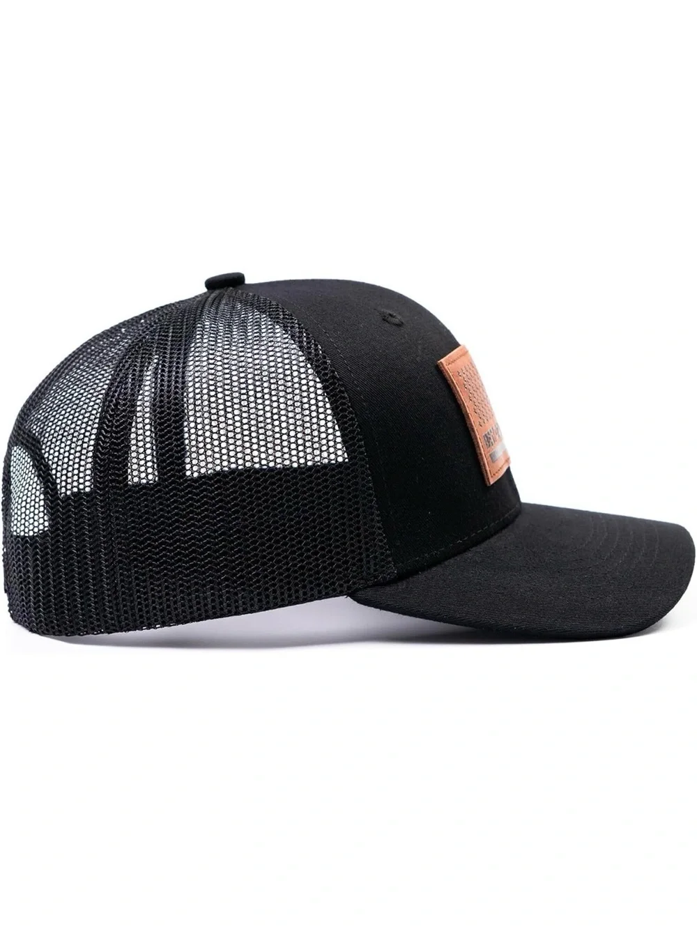 Black Trucker Hat with Brown Leather Patch - 